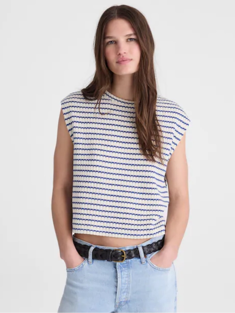 Madewell Textured-Knit Boxy Muscle Tee - Tuck Stitch Stripe White and Blue